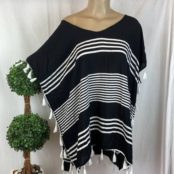 C&T Beach Black & White Striped Fringe Trim Short Sleeve Swim Cover Up L - Picture 2 of 5